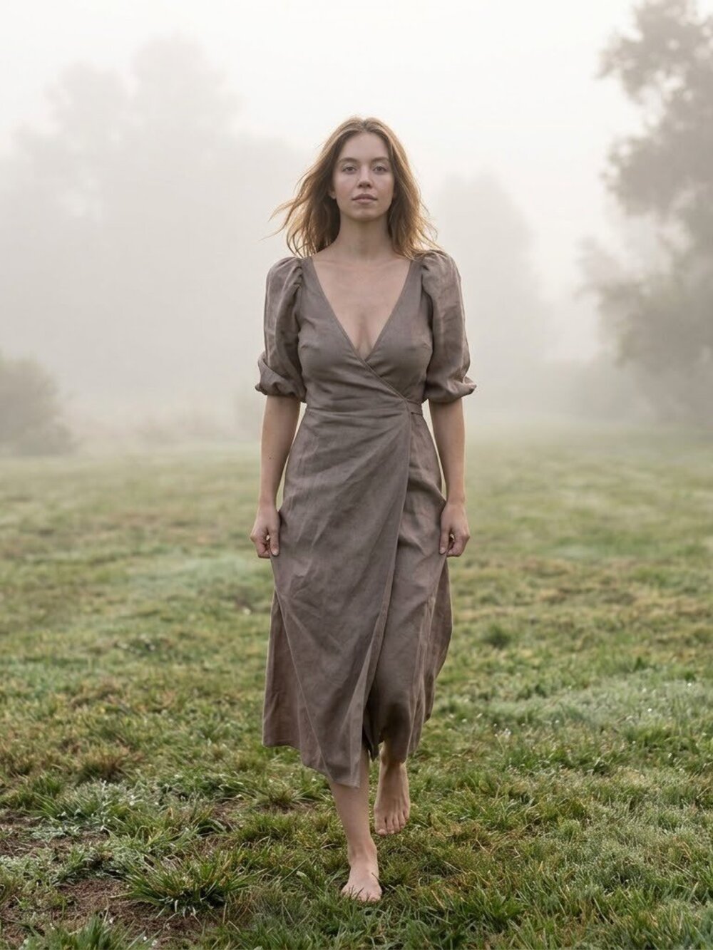 NWoT Reformation Mint in Clay Brown Linen Puff Sleeve Wrap Midi Dress XS $178